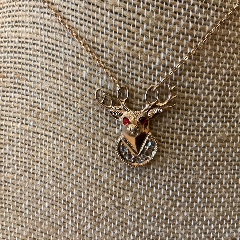 10K 24” Deer Ruby Eyes Rose Cut Diamond Rolo Link Necklace